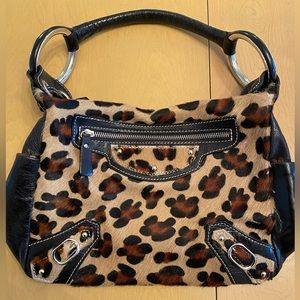 Leather and calf hair leopard print moto handbag Helen Welsh